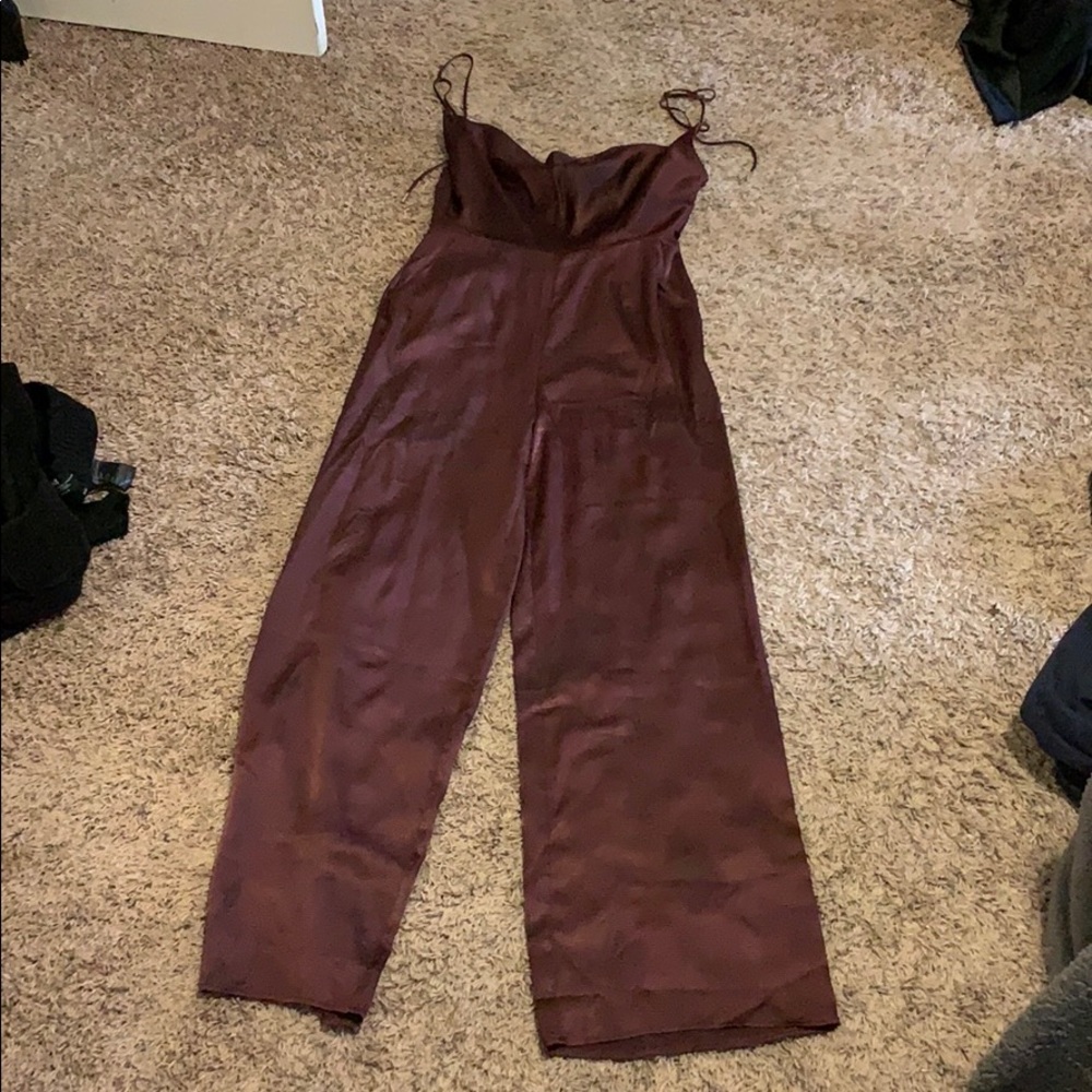 Maroon satin, cowl neck, backless jumpsuit